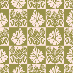 Floral matisse seamless pattern with hibiscus flowers and palms. Tile background in groovy 60s 70s vibes. © mila_okie