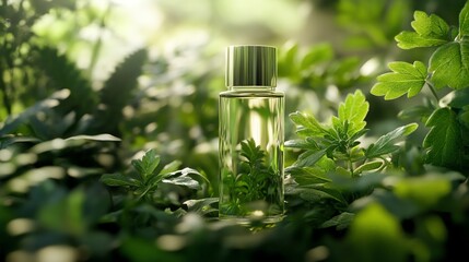 Green Perfume Bottle Product Shot Amidst Lush Foliage and Sunlit Leaves