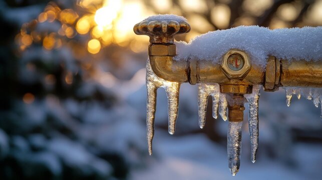 Frozen Brass Pipe with Icicles at Sunset
