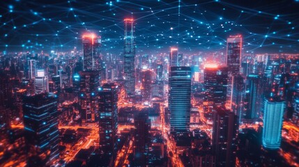 Fototapeta premium Night Cityscape with Illuminated Network Connections