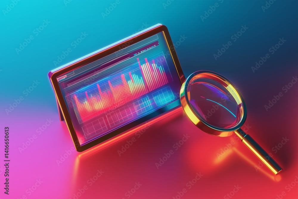 Poster 3d minimal data analysis. business visualization. statistical analysis. web browser with statistic graph and magnifying glass. 3d illustration.