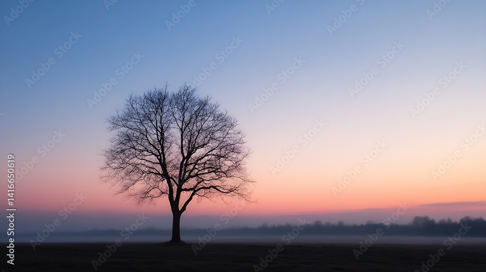 Poster lonely tree silhouette at twilight with soft pastel sunset colors in the background : generative ai