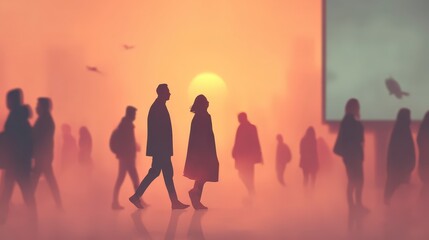 Fototapeta premium Couple Walking Sunset Crowd Cityscape Silhouette Modern Office Billboard