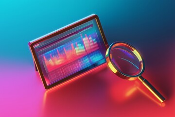 3d minimal data analysis. business visualization. statistical analysis. web browser with statistic graph and magnifying glass. 3d illustration.