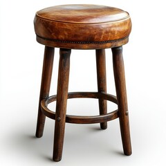 A brown leather padded stool with four wooden legs and a circular wooden base.