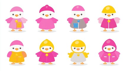 Pixelated avian fashion parade cute animated chicks showcasing an array of colourful jackets and hats springtime adorable birds vector illustration