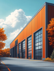 Obraz premium Modern glass building surrounded by autumn trees and landscaping.