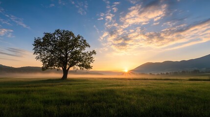 Fototapeta premium Majestic Tree Silhouette Against the Sunrise on Misty Morning : Generative AI
