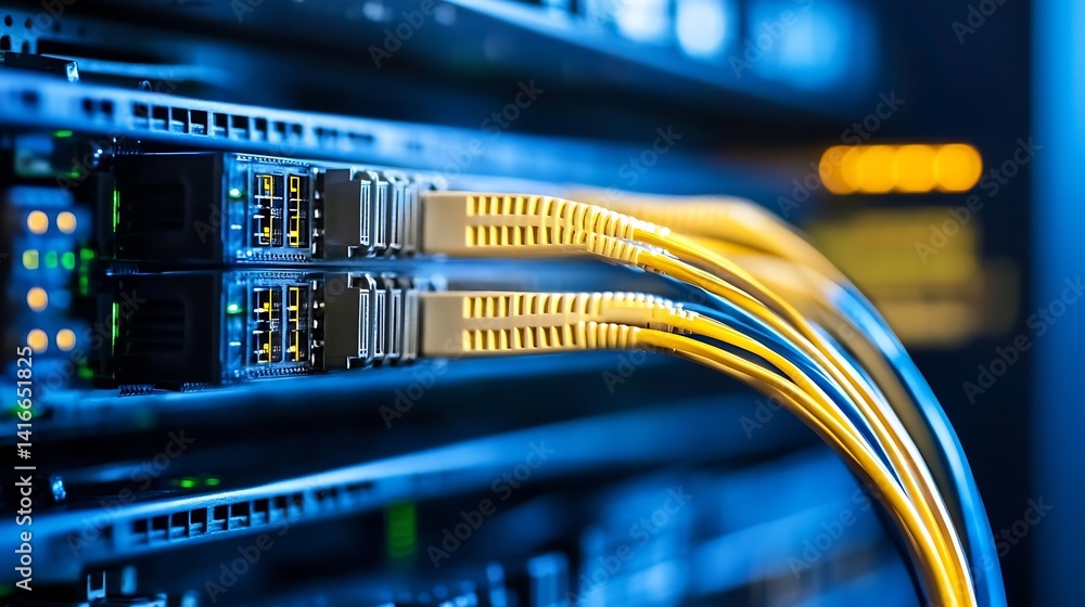 Poster Network Switch with Colorful Cables in a Modern Server Room Setup : Generative AI