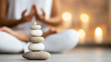 Zen Meditation with Stacked Stones and Candlelight Ambiance : Generative AI