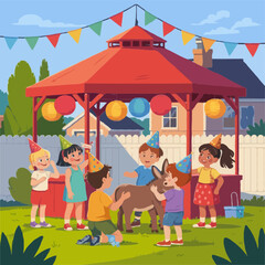 Obraz premium A Festive Backyard Birthday Party for a Donkey with Cheerful Children, Colorful Decorations, and a Delicious Cake
