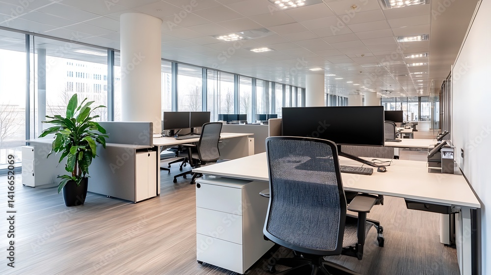 Poster bright modern office interior with desks and large windows for work environment : generative ai