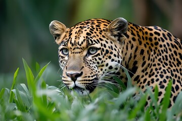 Obraz premium A sleek and agile leopard crouched low in the grass, its spotted coat blending with nature