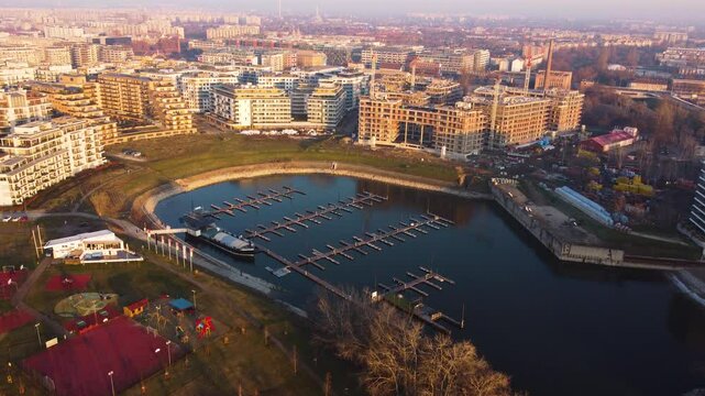 Aerial orbit around central Budapest structures near Foka-obol with long afternoon shadows