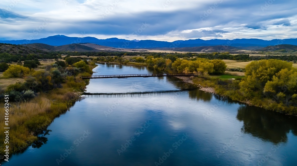 Aufkleber aerial view of scenic river with bridges and colorful autumn trees : generative ai