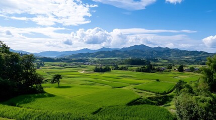 Breathtaking Lush Green Rice Fields Surrounded by Majestic Mountains Under a Bright Blue Sky : Generative AI