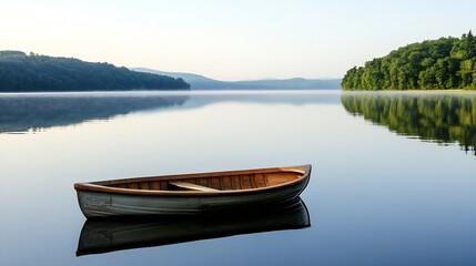 Fototapeta premium Tranquil Empty Wooden Boat on a Calm Lake Surrounded by Lush Green Forests at Dawn : Generative AI
