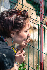 Dog in the shelter. Animal shelter volunteer takes care of dogs.