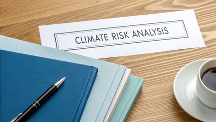 Business Partnerships Driving Awareness for an Eco-Friendly Environment concept. Climate risk analysis with papers and a coffee cup on a wooden table.