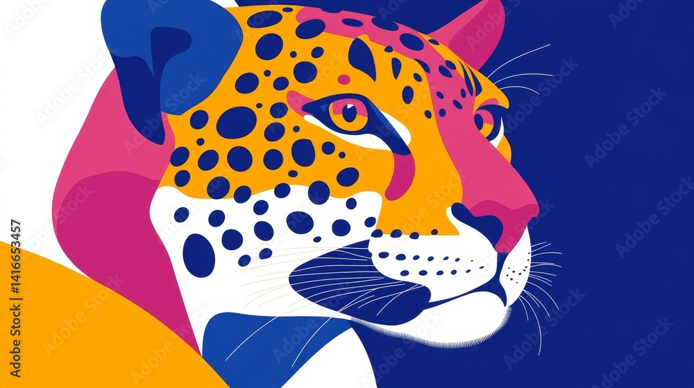 Poster vibrant jaguar portrait rendered with bold color blocks creating a graphic abstract design represent