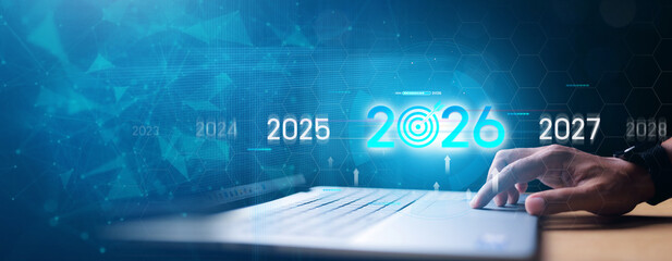 Goal Setting in 2026,  Businessman Touching Progress Bar from 2025 to 2026, New Business Startup,...