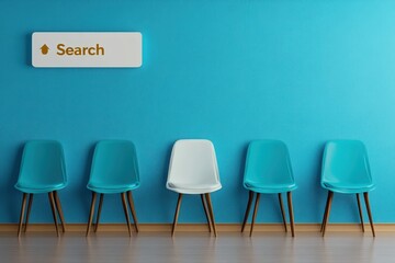 Bright Turquoise Wall with Stylish Chairs and Search Sign
