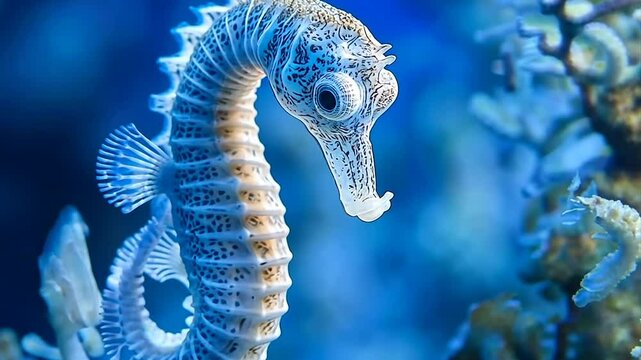 A pale seahorse with intricate details against a deep blue ocean backdrop