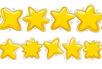 Vector set of seamless borders with various cartoon stars with scribble strokes. Magical horizontal frieze with yellow stars for frames and brushes