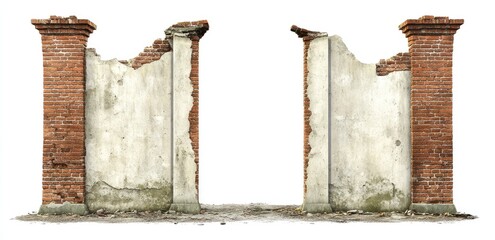 Ruined brick pillars and wall sections, isolated on white background.  Decaying structure shows age and damage