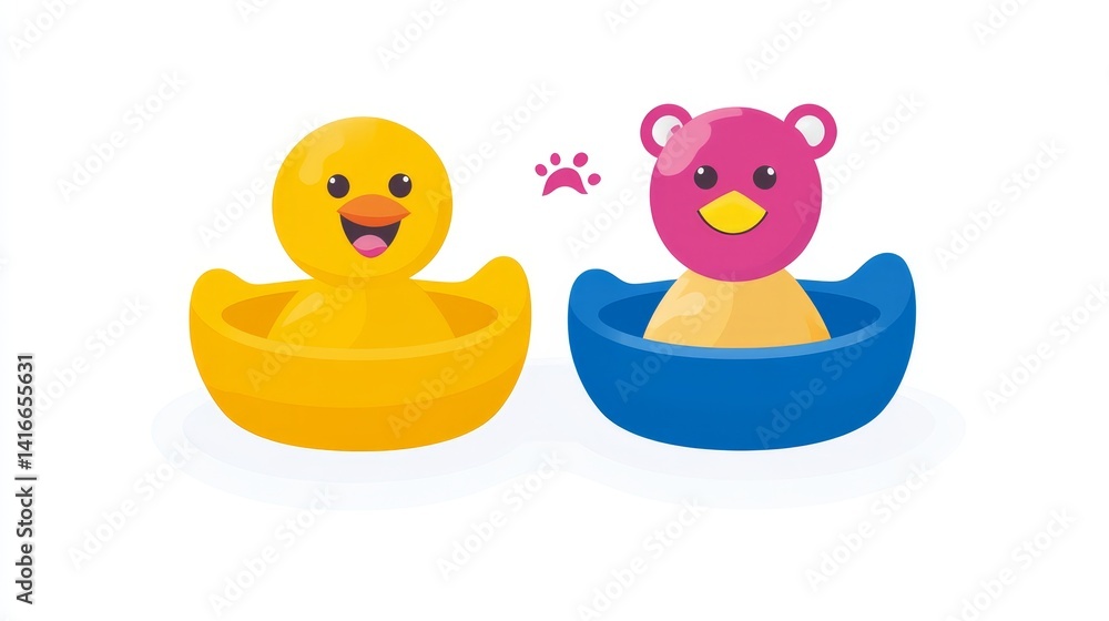 Poster joyful pixelated cartoon bath toys floating side by side creating a playful scene offering an enchan