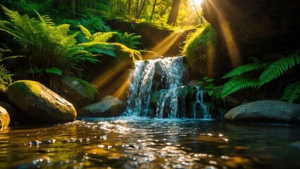 Cascading Waterfall with Sunlight Beams in Lush Green Forest Scene