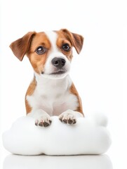 A Jack Russell Terrier sitting on a cloud, heavenly and surrealistic concept, dreamlike quality