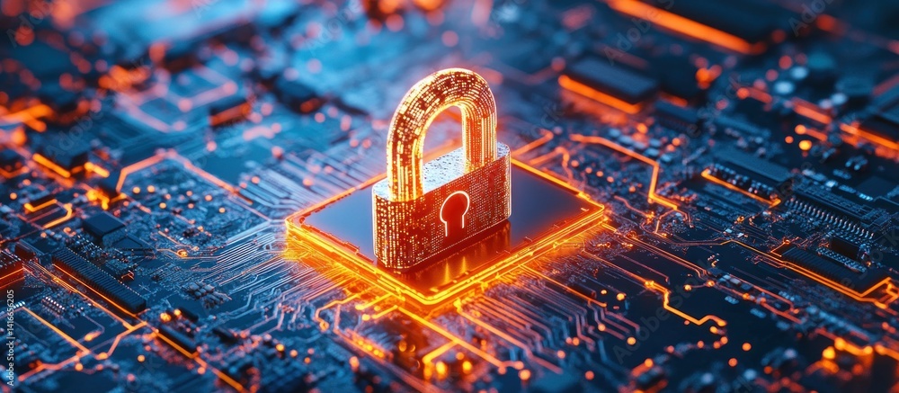 Poster illuminating the digital fortress: a vibrant portrayal of cybersecurity with a padlock emblem embedd