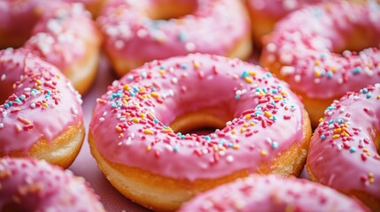Pink glazed donuts close up sweet treats display bakery background