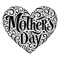 Naklejka premium Ornate heart-shaped Mother's Day lettering design, perfect for marketing or greeting card templates; black and white style.