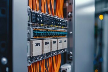 Electrical panel with orange cables, circuit breakers, and control units in a metallic enclosure