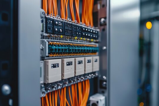 Electrical panel with orange cables, circuit breakers, and control units in a metallic enclosure