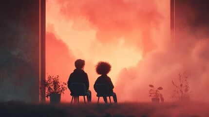 Fototapeta premium Surreal Sunset Two Silhouettes Contemplating a Dreamlike Landscape