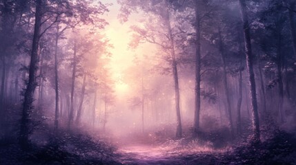 Fototapeta premium Purple Mist Forest Path: Dreamlike Sunrise Landscape