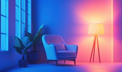 Modern living room with stylish armchair, vibrant lighting, and decorative plants
