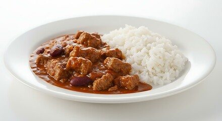 Mexican chili with meat and rice on white background