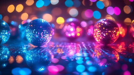 Colorful Disco Balls Reflecting Lights on a Dance Floor