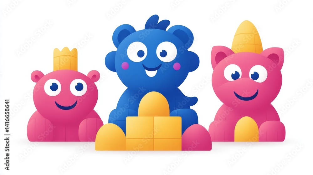 Poster playful pixelated cartoon figures with crowns and building blocks offering a whimsical and nostalgic