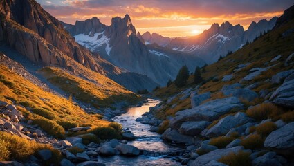 River Flowing Through Mountain Valley at Sunset with Golden Light