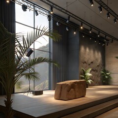 Empty display room with a brown rock podium, illuminated by soft light with palm leaf shadows against a dark wall, creating a sophisticated backdrop. (Podium)