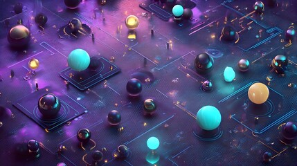 An abstract digital illustration of a quantum computer entangled particles, glowing spheres and matrix grids, energy waves flowing through circuits, vibrant neon colors,