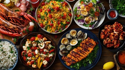 Varied seafood dishes buffet restaurant food selection