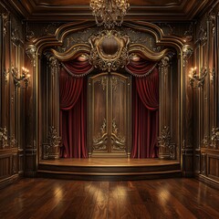 Opulent interior ornate wood, red curtains. Intricate details and warm lighting creates a luxurious ambiance