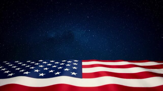 American flag waving against a dark blue starry night sky with many visible stars shining brightly 4th july copy space for 250 anniversary text