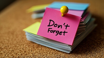 Colorful sticky notes reminding to stay organized and never forget important tasks.